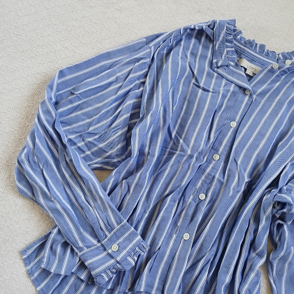 LOFT Blue and White Striped Ruffle Collar Button-Up Top